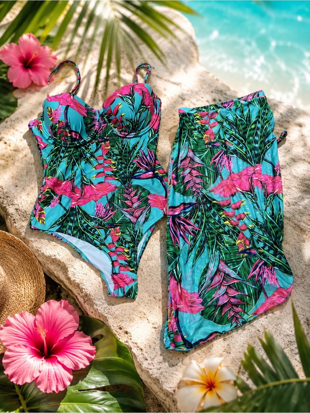 Pink & Aqua Tropical Floral One-Piece Swimsuit